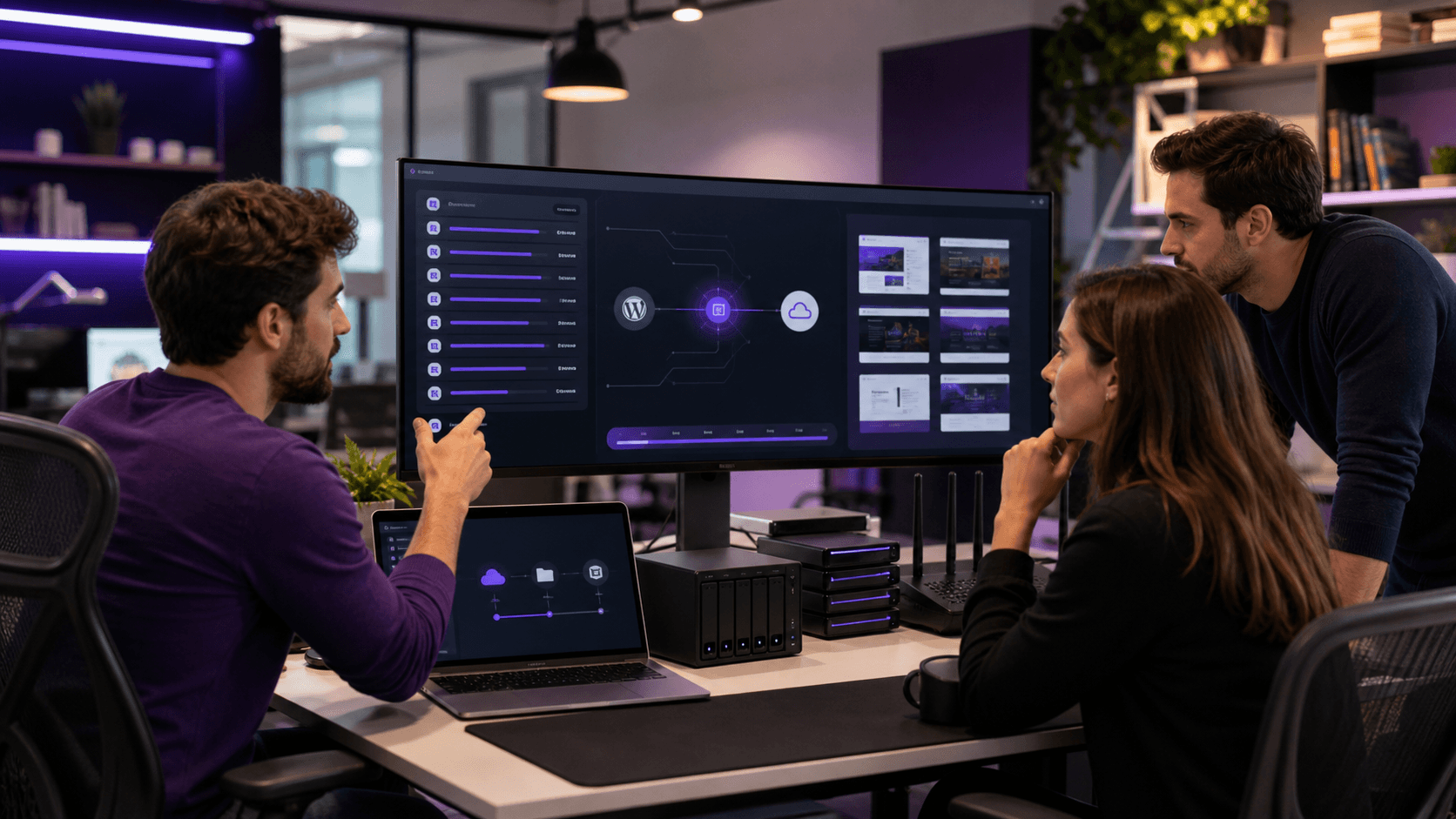 Modern laptop with WordPress dashboard and checklist on screen, blue accents, city skyline silhouette in background